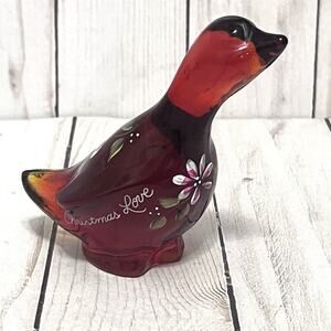 Vintage FENTON Art Glass Ruby Red Hand Painted Flower Holiday Goose Signed!!